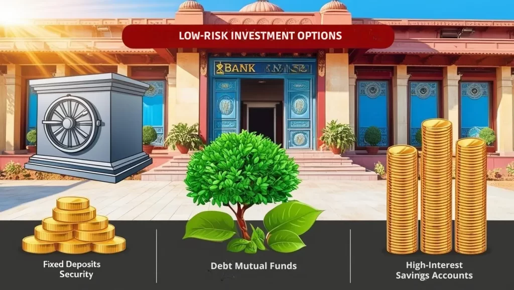 Visual representation of low-risk investment options for emergency funds, including Fixed Deposits and Debt Mutual Funds with an Indian financial theme.