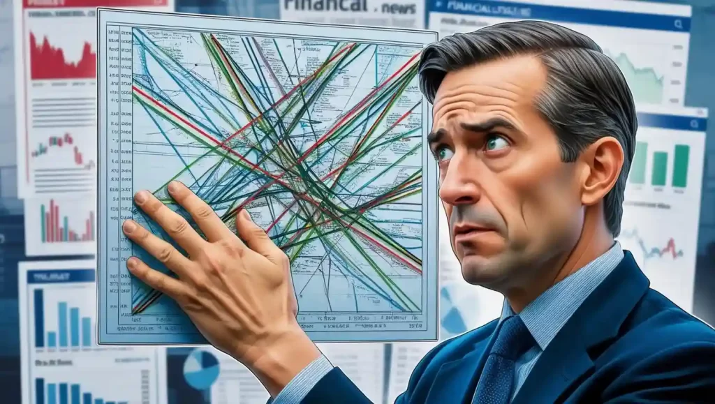 A confused trader analyzing a complex financial graph filled with lines and metrics, representing the challenges and limitations of backtesting.