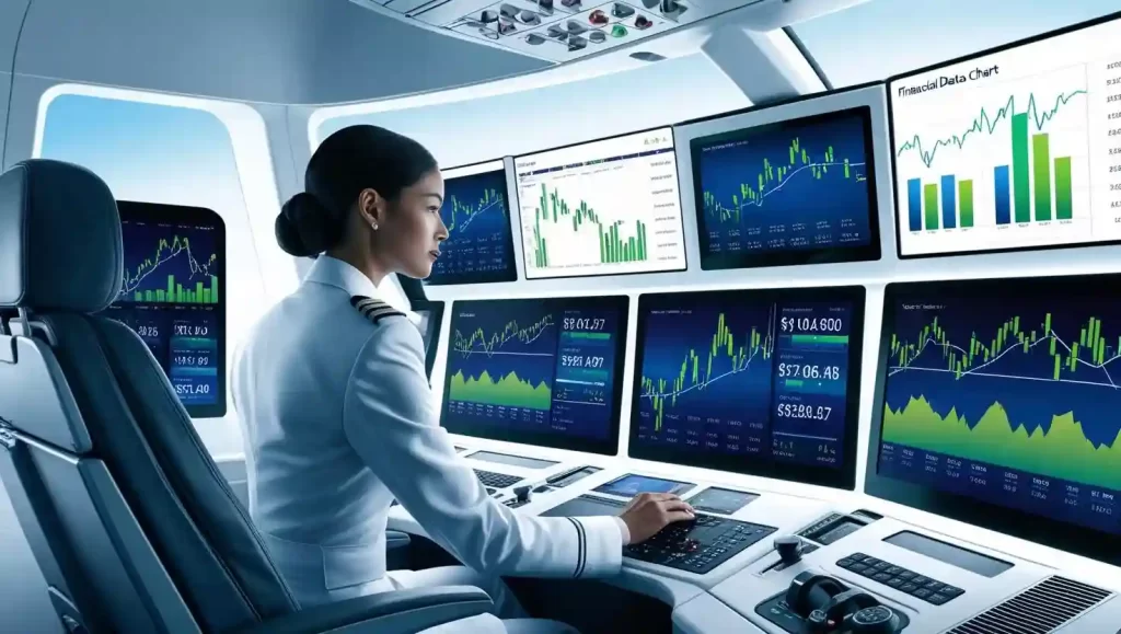 A pilot in a cockpit examining financial data charts and graphs on multiple screens, illustrating the concept of backtesting in the stock market.