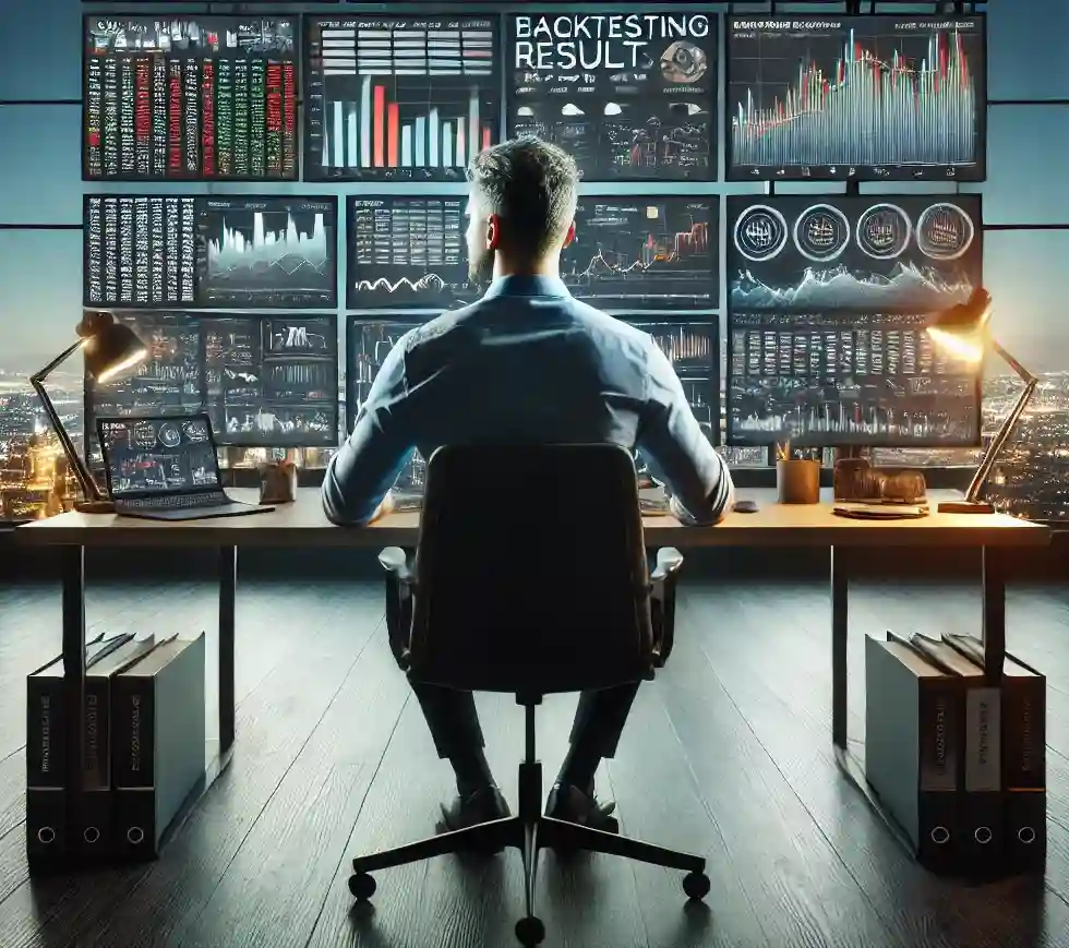 A trader at a desk analyzing multiple monitors displaying performance metrics and market news, representing increased confidence through backtesting.