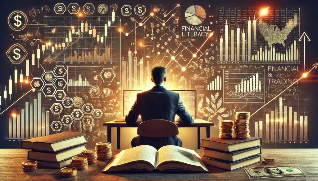 A conceptual image illustrating the importance of financial literacy and education for successful intraday trading, featuring a trader surrounded by educational material