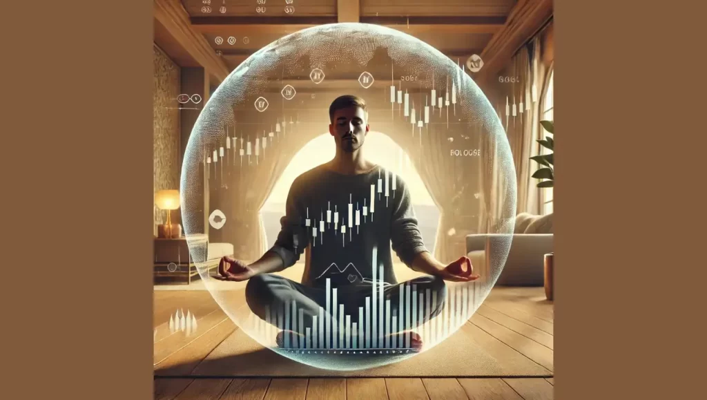 A cover image of A trader meditating peacefully with trading charts in hand, representing mindfulness techniques for emotional resilience in trading.