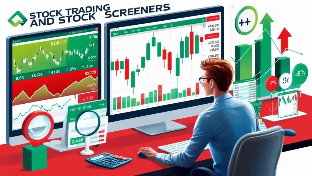 An engaged trader analyzing stock data on a computer with charts and graphs, representing stock screening and trading decisions.