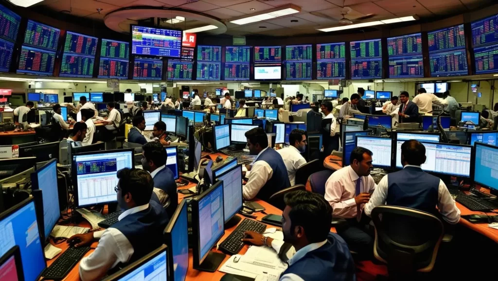 A vibrant image of a crowded stock market trading floor with traders engaged in buying and selling activities, showcasing the fast-paced world of intraday trading