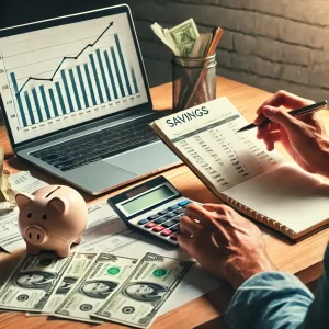 Person calculating monthly expenses with a calculator and notepad, emphasizing financial planning for an emergency fund.
