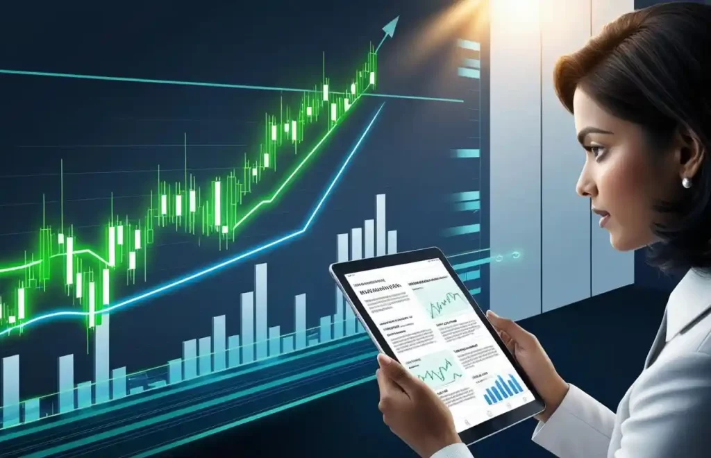 A modern digital interface displaying a glowing stock market chart, financial graphs, and a person reading stock analysis articles on a tablet. The design is sleek and professional, emphasizing financial education and insights.