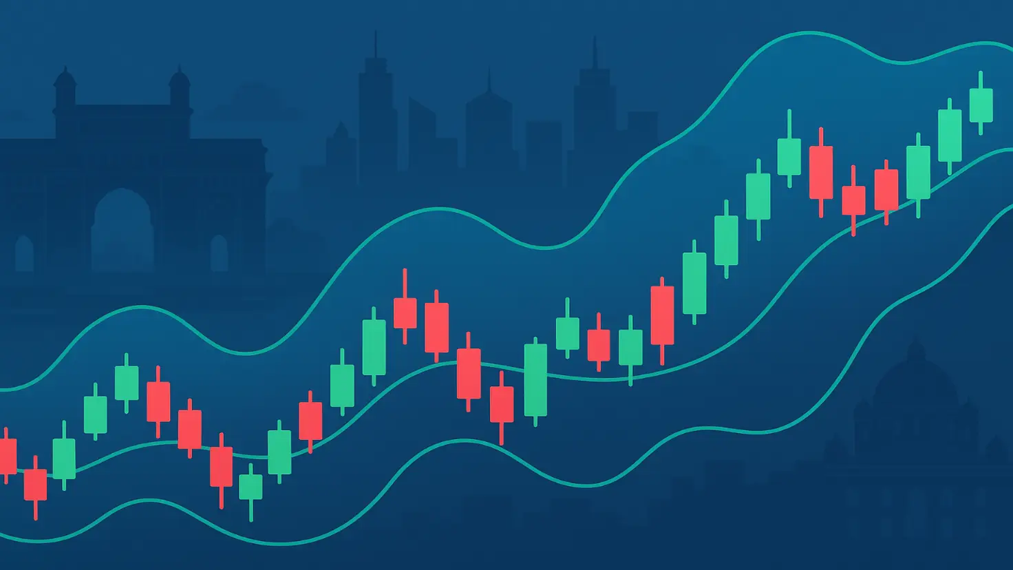 Illustrative image of an Indian stock chart with Bollinger Bands,