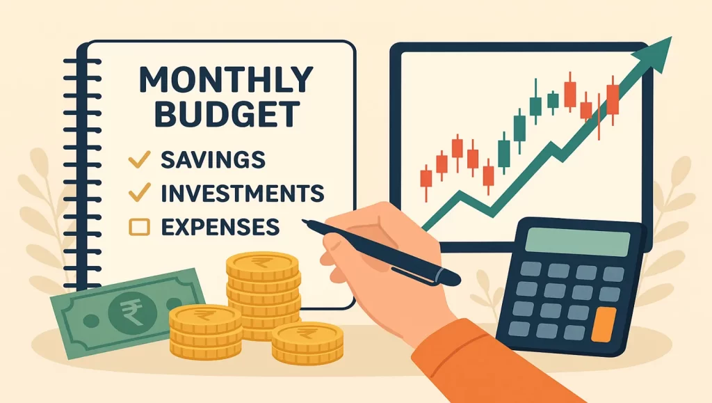 Infographic of a monthly budgeting plan for investors, showcasing income allocation, fixed and variable expenses, and investment strategies.