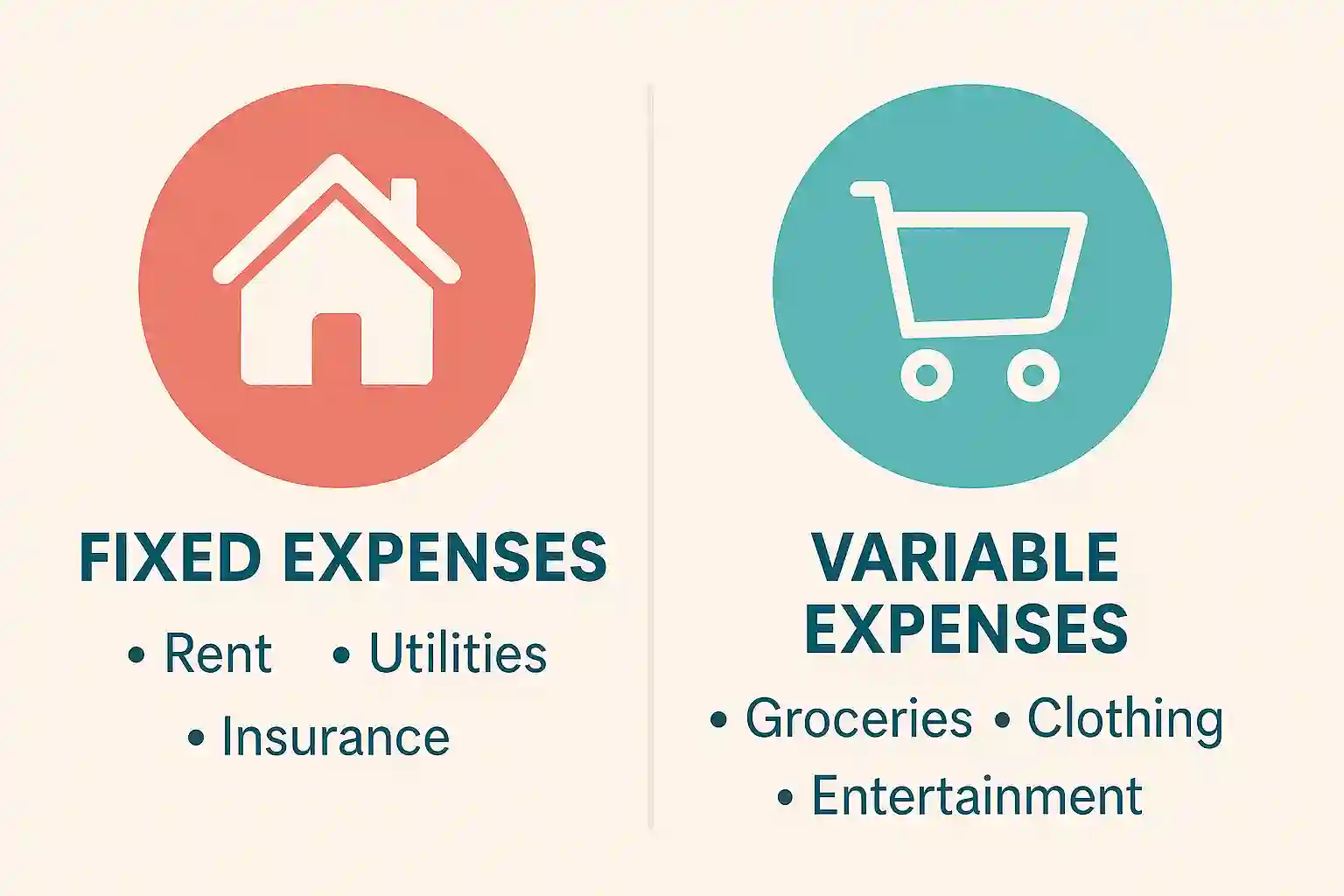 Diagram illustrating fixed and variable expenses in a monthly budget, featuring common examples like rent and groceries.