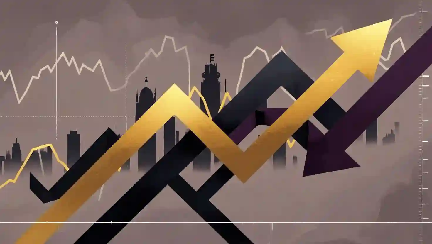 Illustrative concept of stock market golden cross and death cross with abstract arrows and Indian stock market symbols.