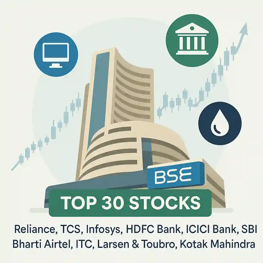 Visual depiction of the BSE building with major constituents of Sensex. 