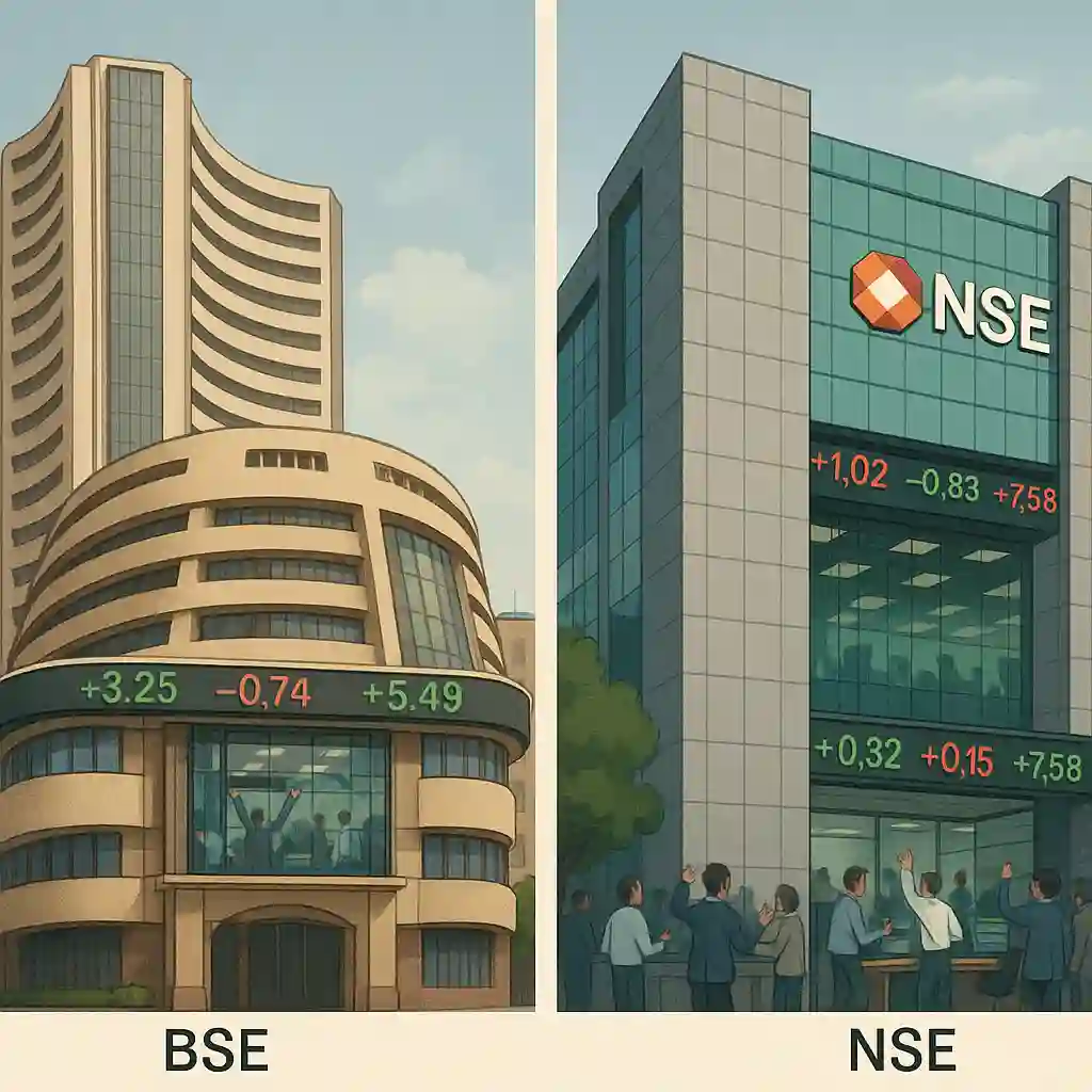 The facade of Bombay Stock Exchange and National Stock Exchange buildings with stock tickers and traders.