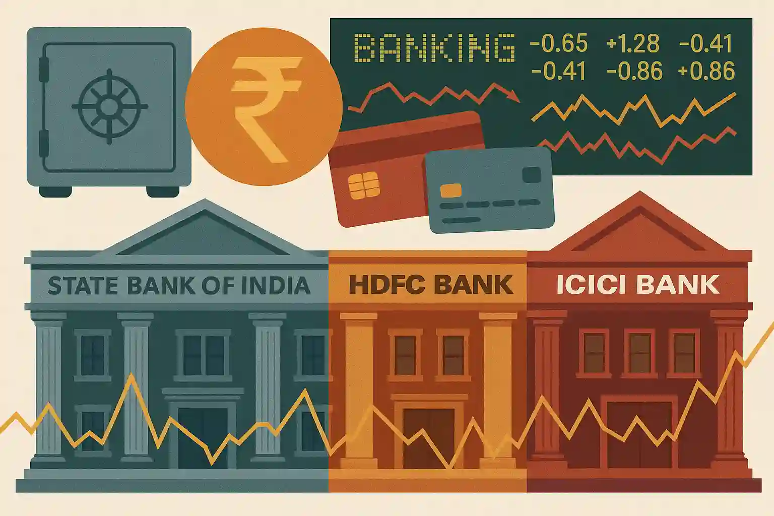 Illustration of Indian banking sector  and major bank buildings with a stock ticker highlighting BankNifty performance.