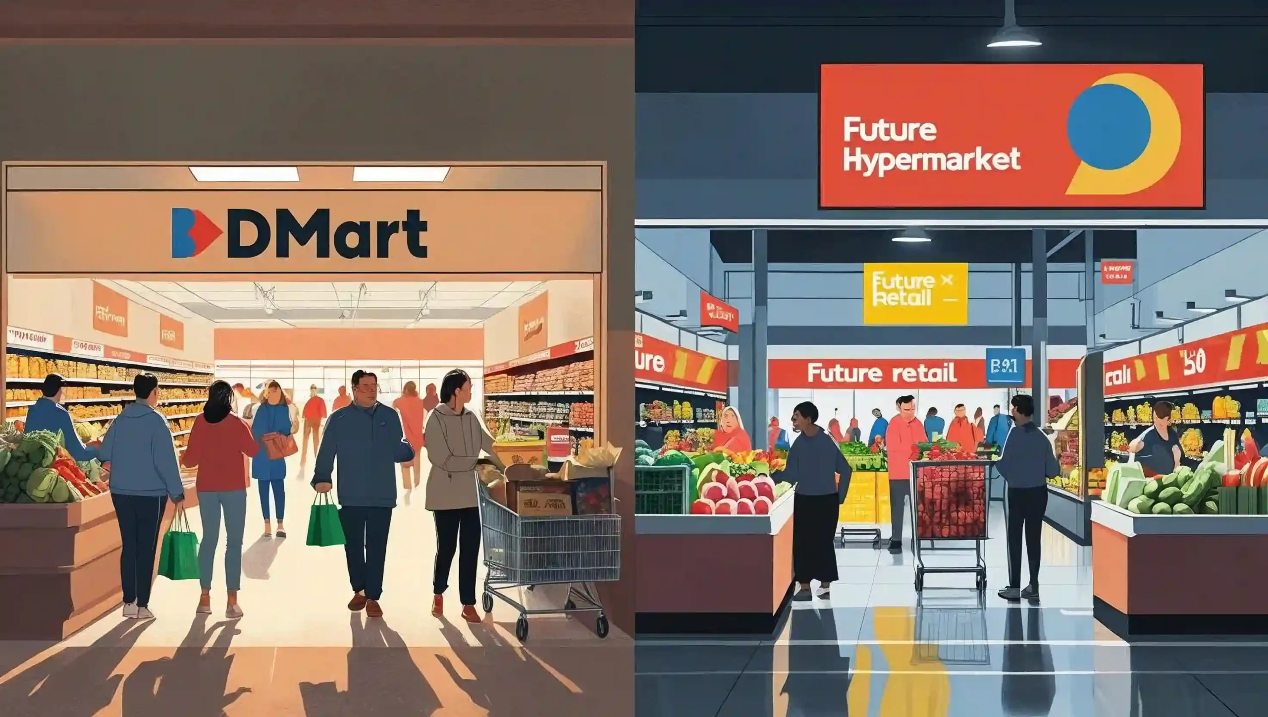 Illustration comparing two Indian retail stores—one with a crowded, simple layout (DMart) and another with banners and various product categories