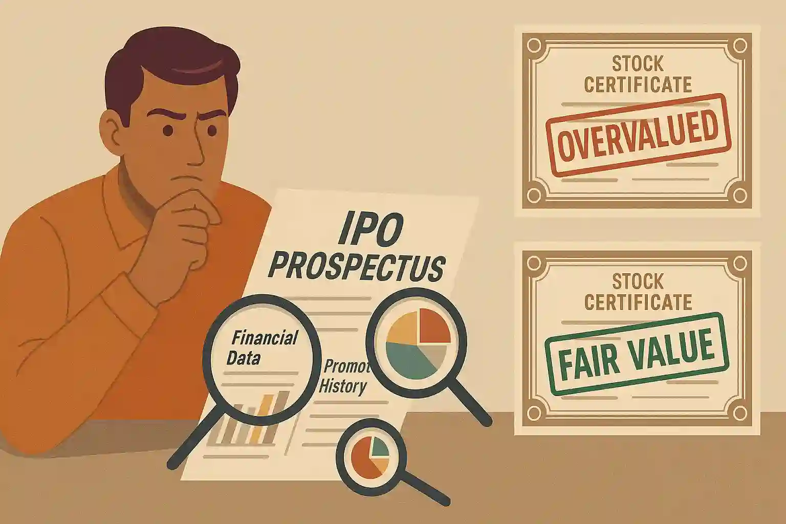 Investor examining IPO prospectus papers and charts, evaluating financials and valuations with a focus on careful analysis.