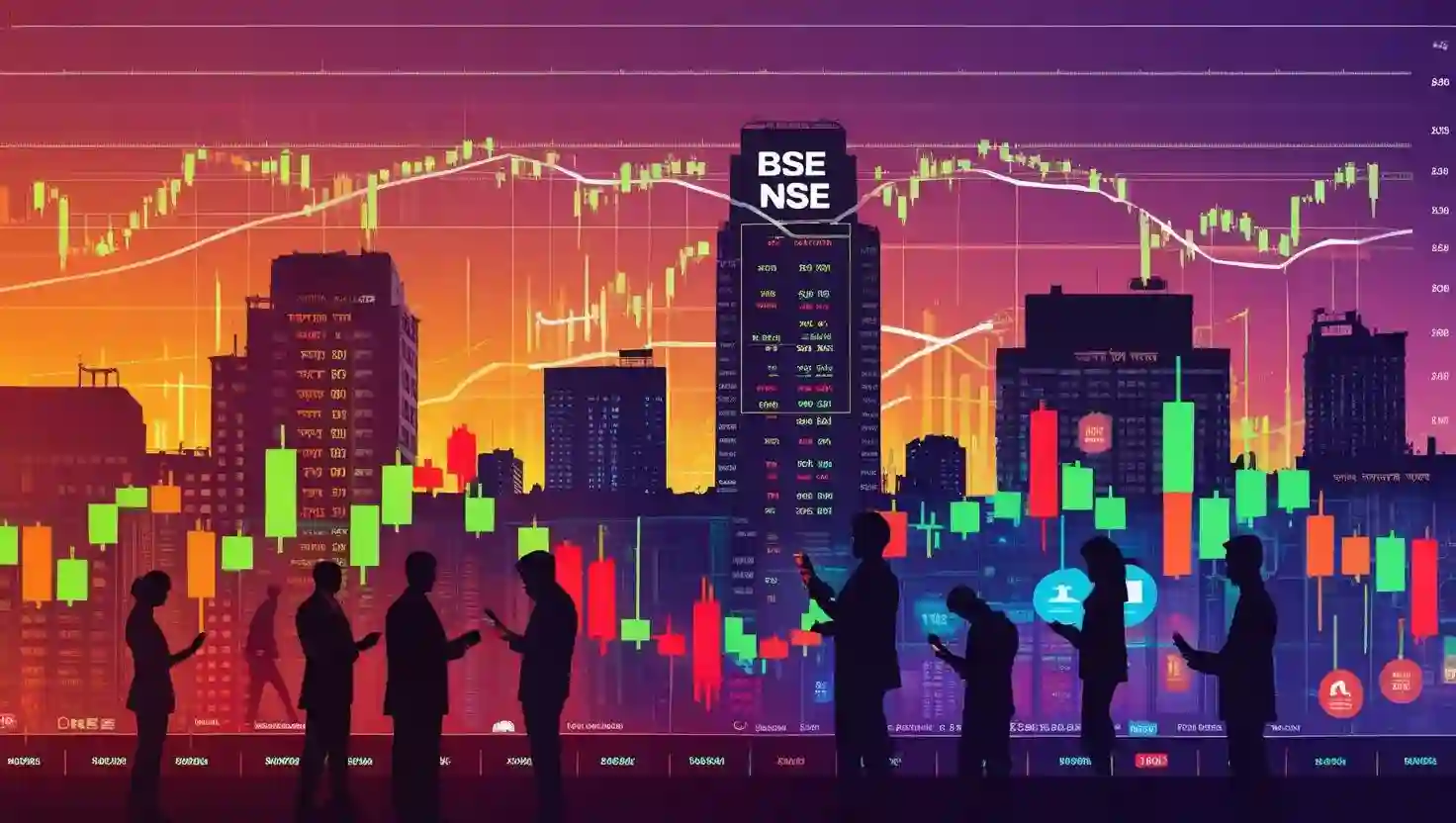 Illustration of Dalal Street with BSE and NSE buildings, diverse Indian people trading stocks on smartphones, and digital graphs representing the Indian stock market.