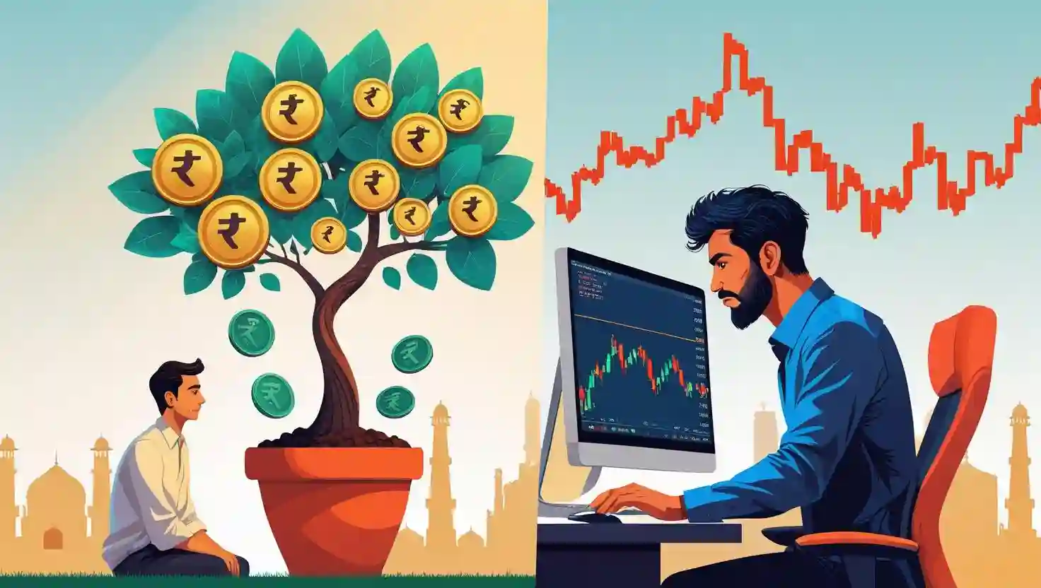Illustration of two Indian stock market participants, one calmly investing for growth and another actively trading on market charts.