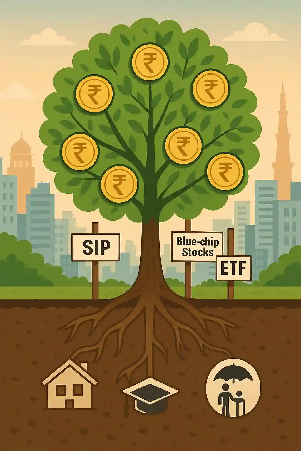 Conceptual image of a rupee tree supported by SIPs, blue-chip stocks, and ETFs, symbolizing diverse methods of stock market investing in India for various life goals.
