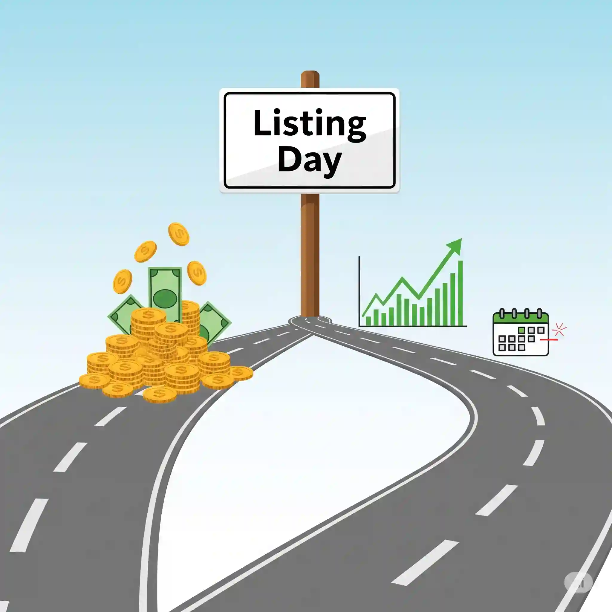 Two diverging paths from IPO listing day, one symbolizing quick gains, the other representing long-term investment growth with a rising graph.