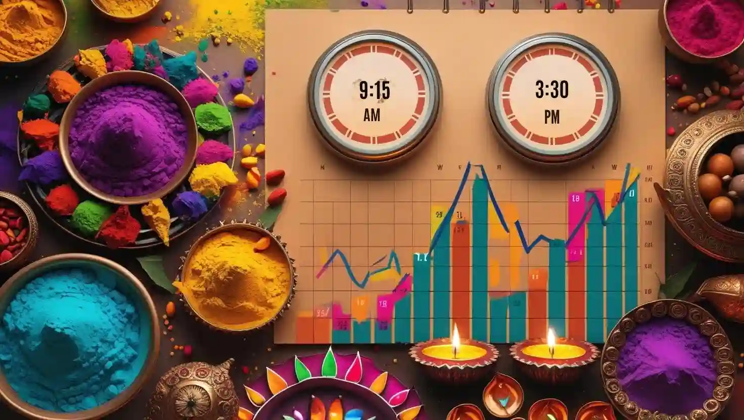 image artistically highlighting Indian stock market timings and major national holidays impacting trading.