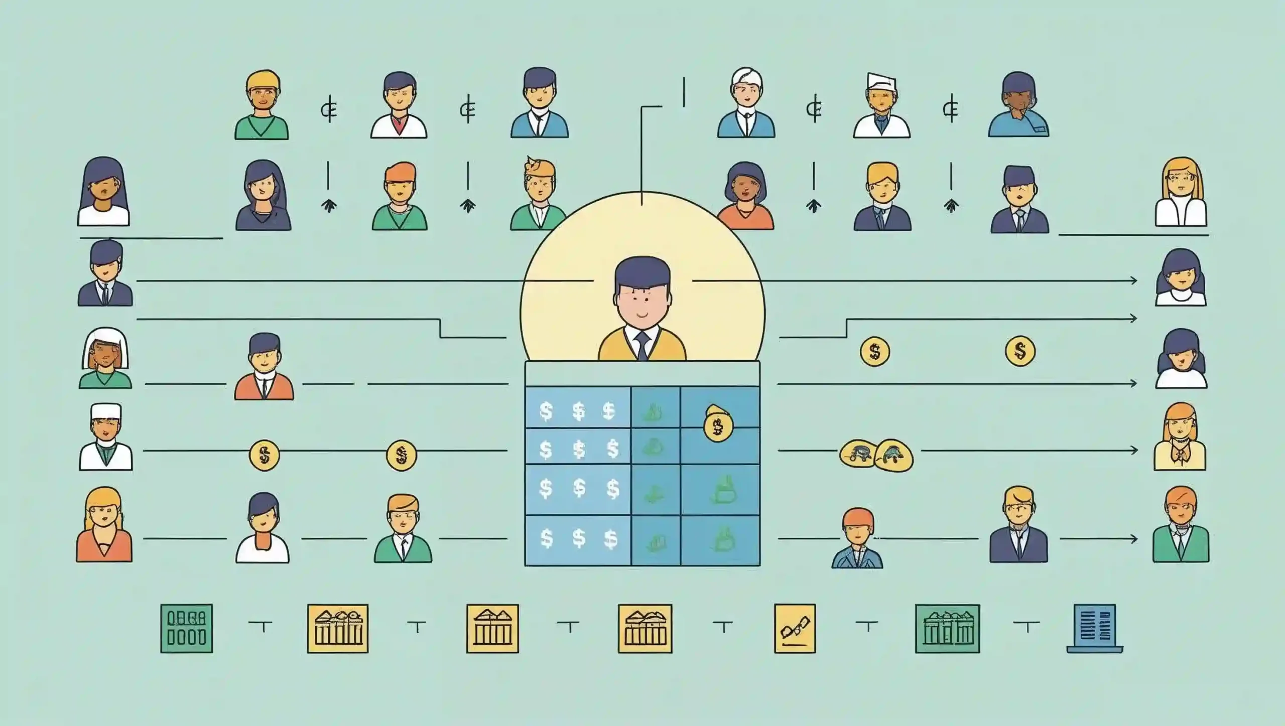 Illustration of how a mutual fund pools investors' money and allocates it into different assets