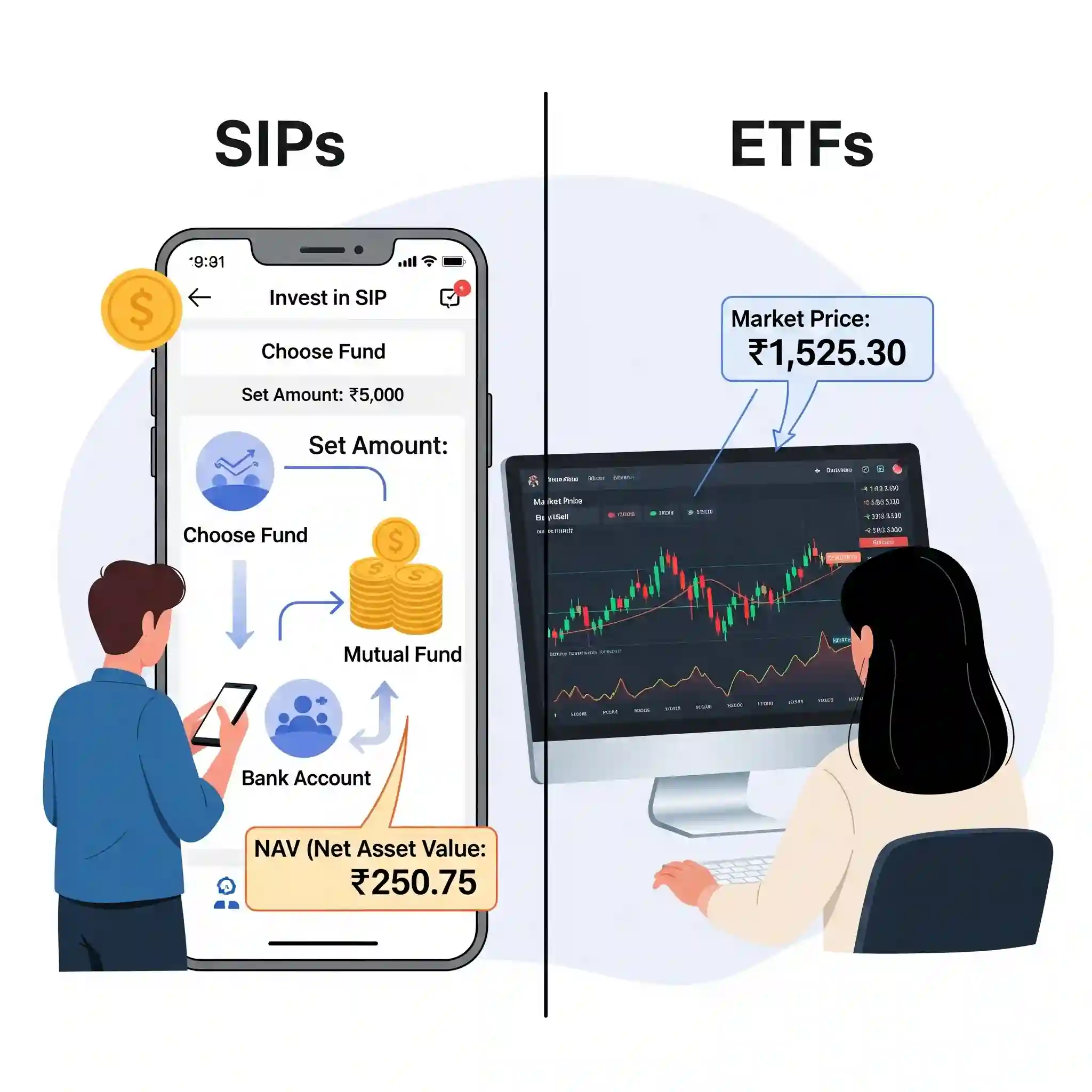 Comparison of buying a mutual fund via SIP and trading ETFs on an exchange with key differences shown