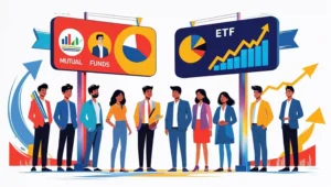 Indian investors choosing between mutual funds and ETFs, set against a backdrop of stock market charts and pi charts.
