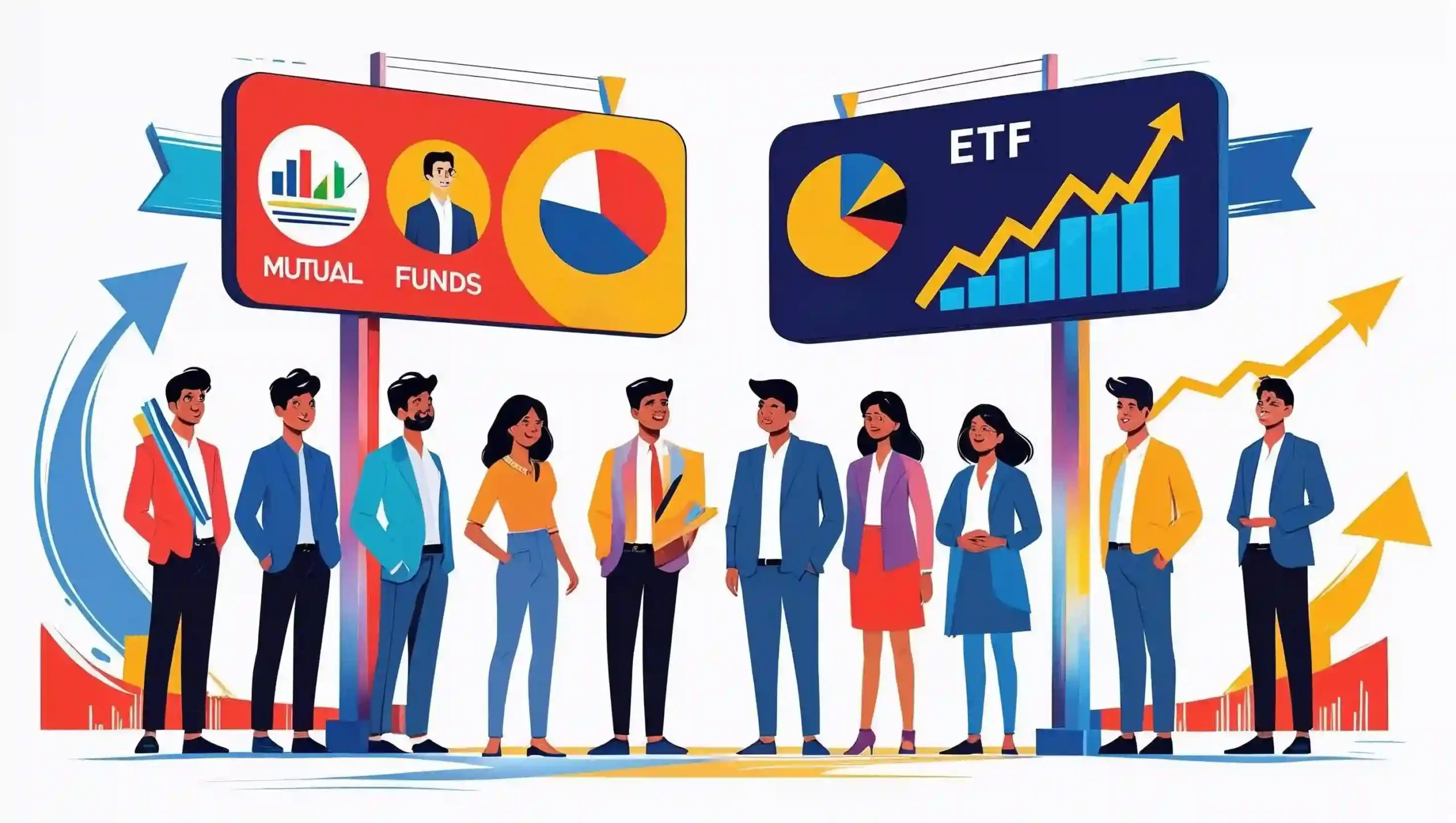 Indian investors choosing between mutual funds and ETFs, set against a backdrop of stock market charts and pi charts.