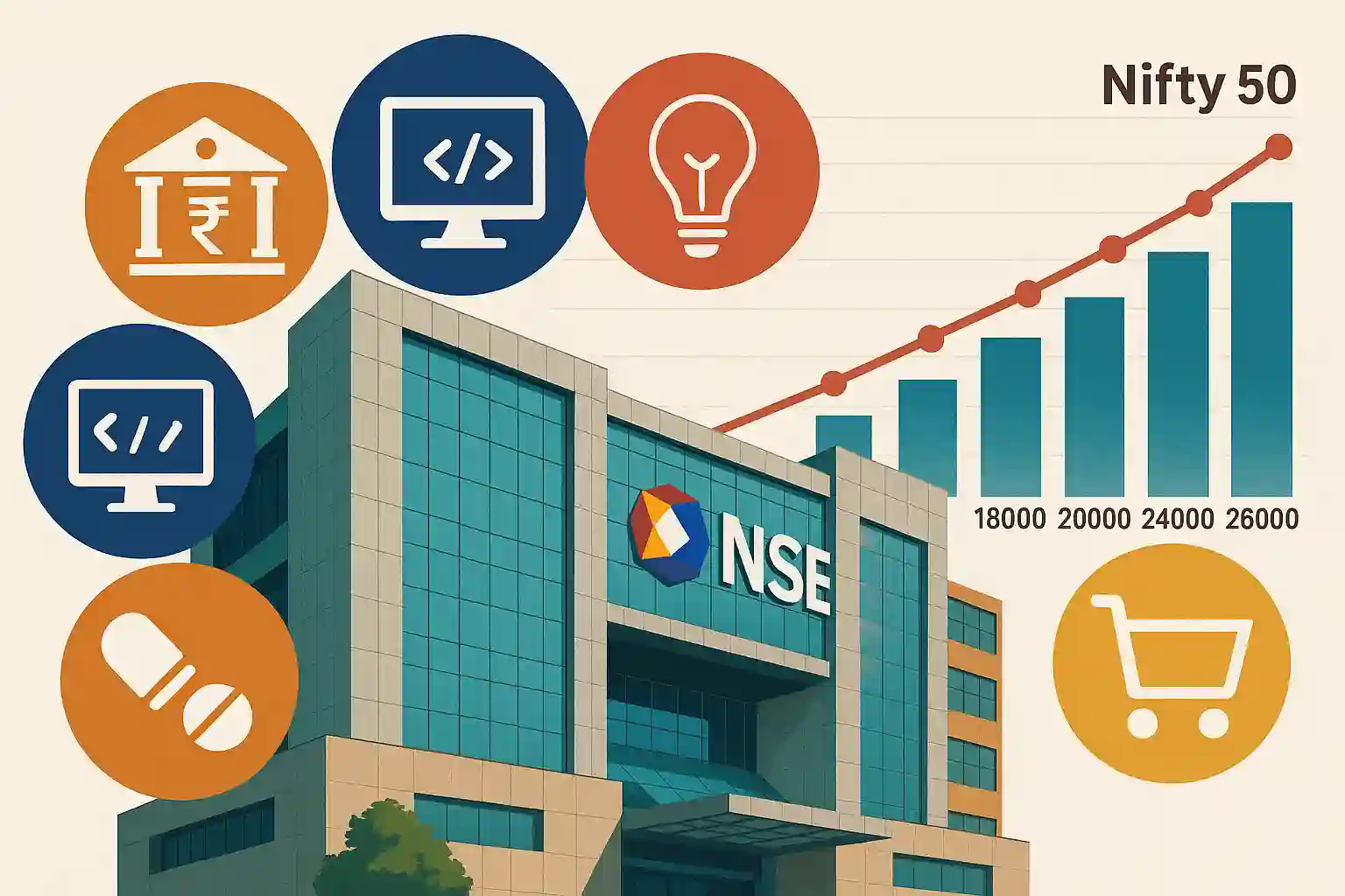NSE building illustration with icons for major Nifty 50 sectors and a rising index chart in the background.