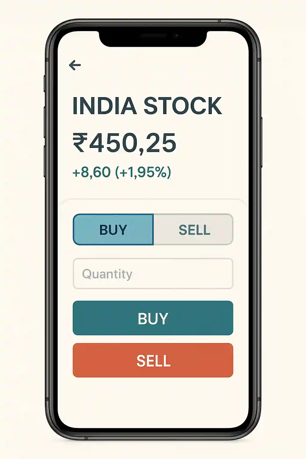 Visualization of a mobile phone showing an Indian trading app interface ready for placing a buy or sell order