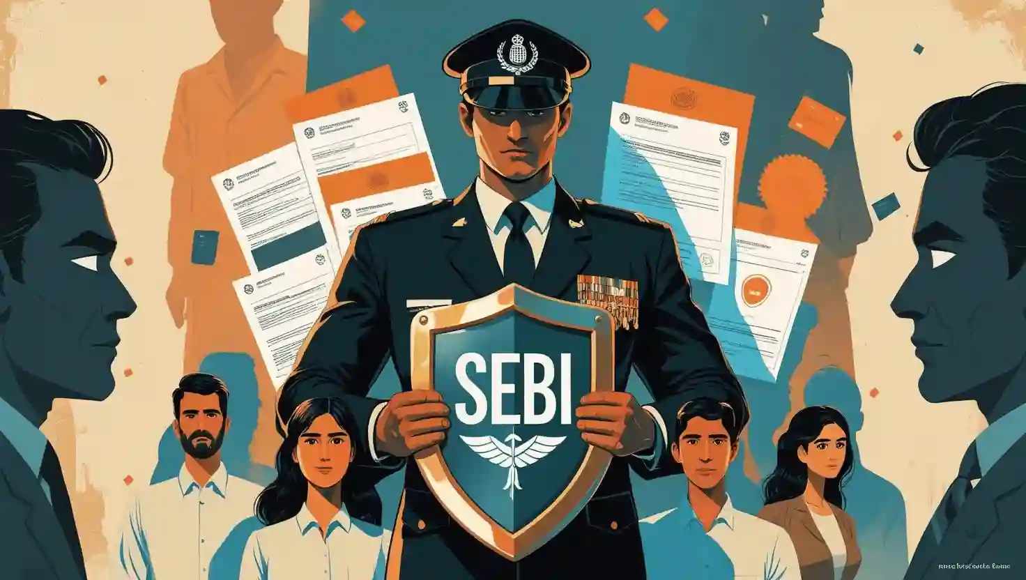 SEBI regulator holding a shield safeguarding Indian investors against market scams.