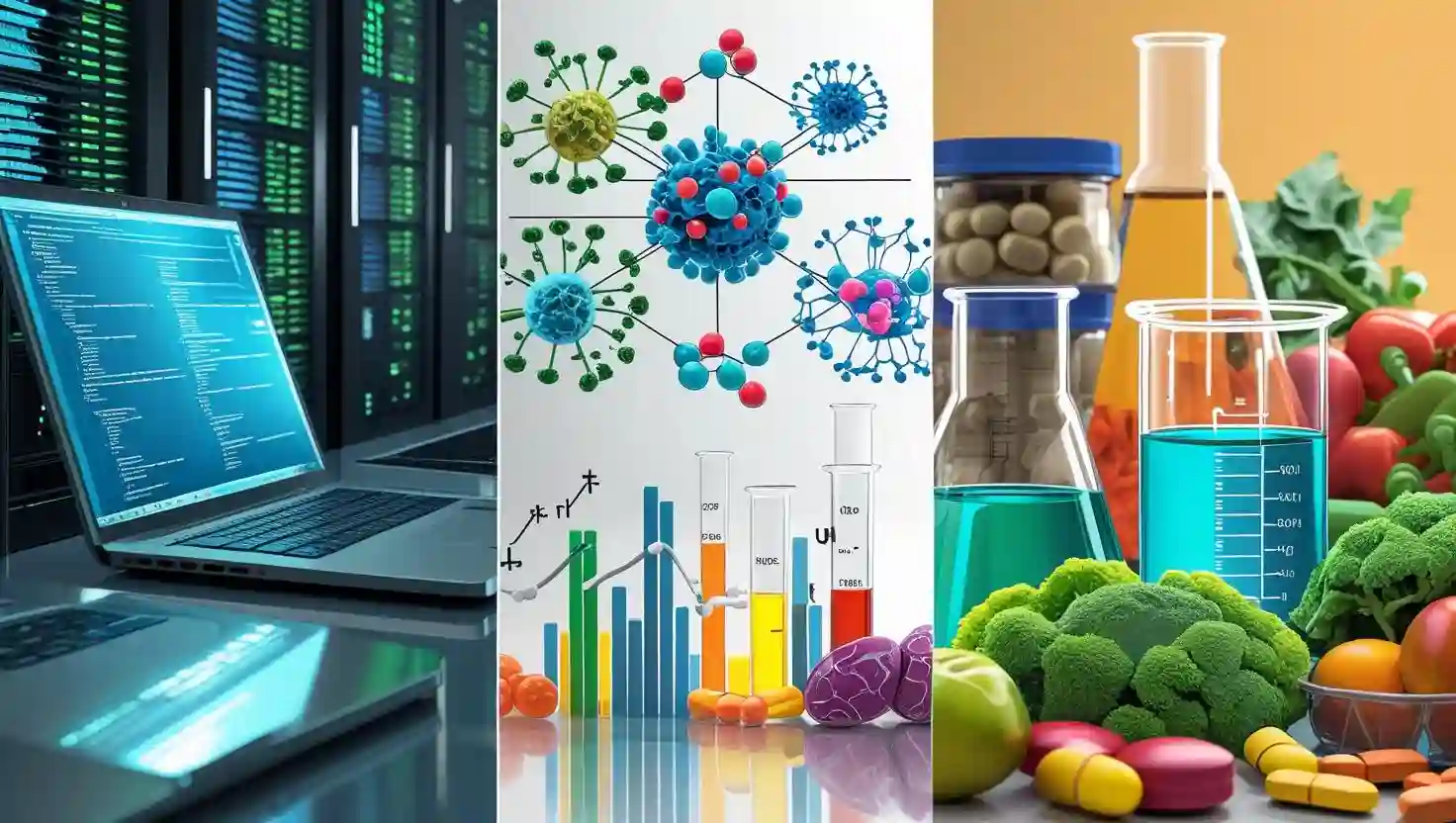 Triptych showing IT, pharmaceutical, and FMCG sector icons with faint line graphs, representing thematic Indian stock indices.