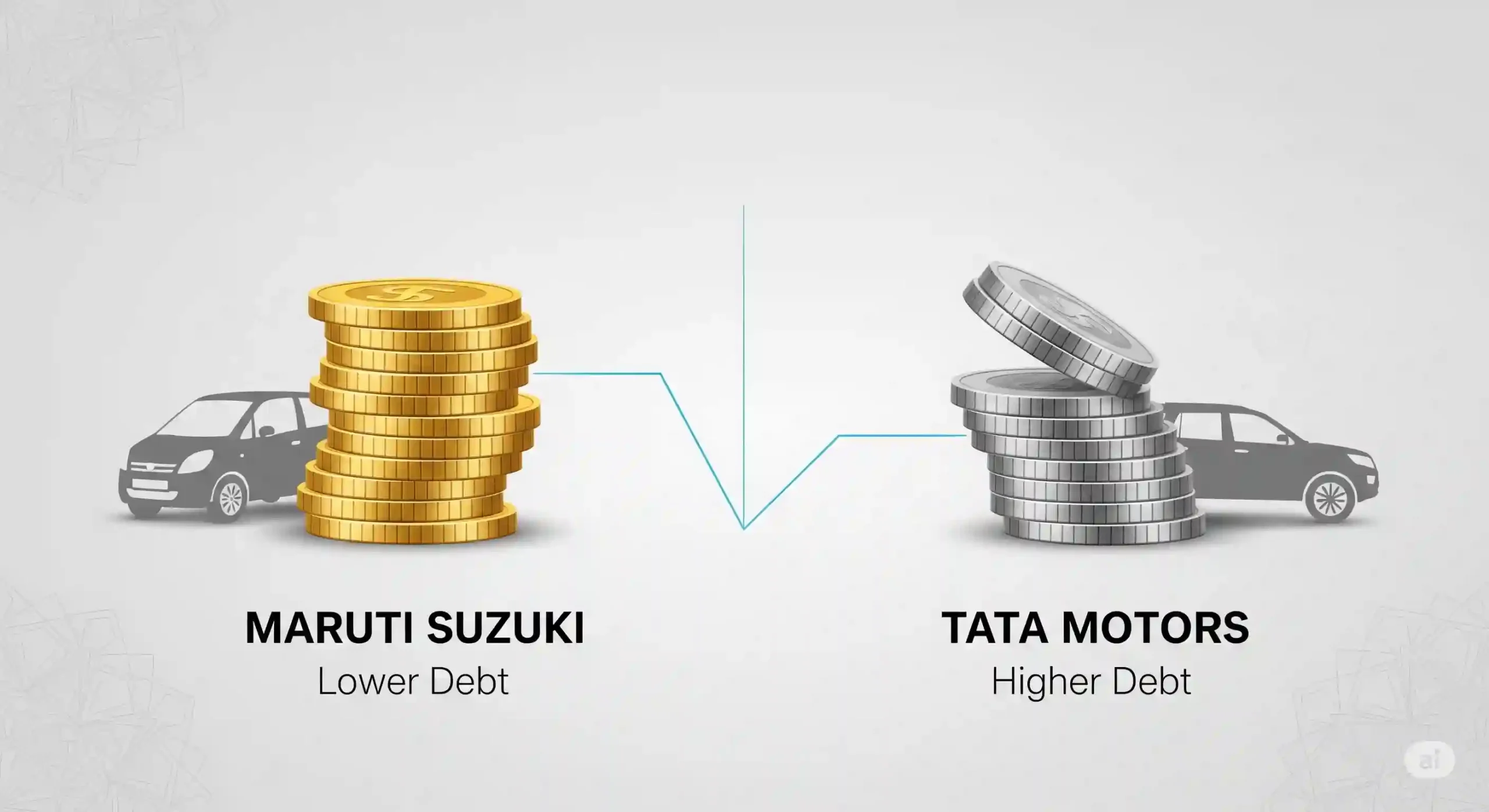 Infographic contrasting low-debt Maruti Suzuki with high-debt Tata Motors using coins, and car icons.