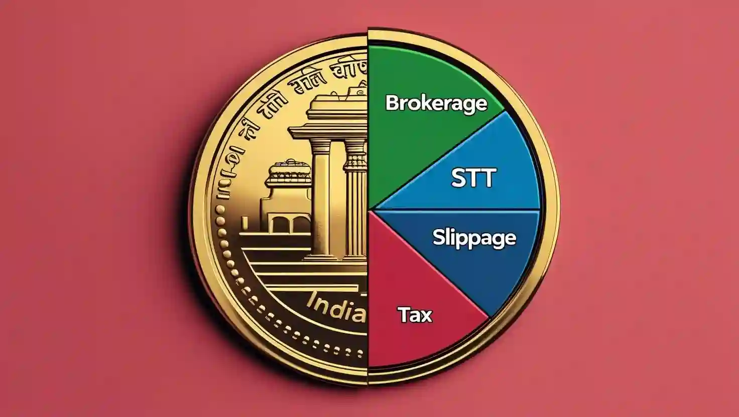 Infographic visualizing various costs reducing returns in Indian stock trading and investing, including brokerage, taxes, and slippage.