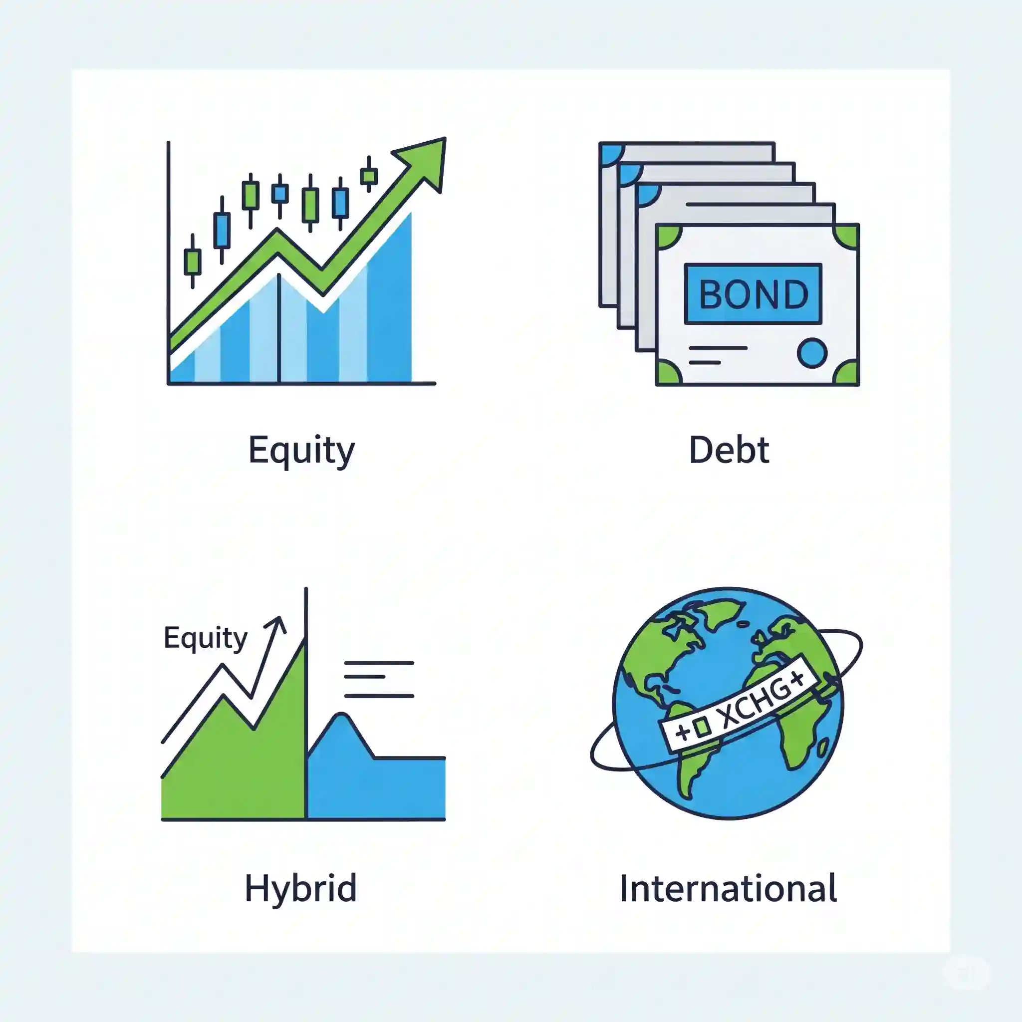Icons representing equity, debt, hybrid, and international mutual funds and ETFs for Indian investors