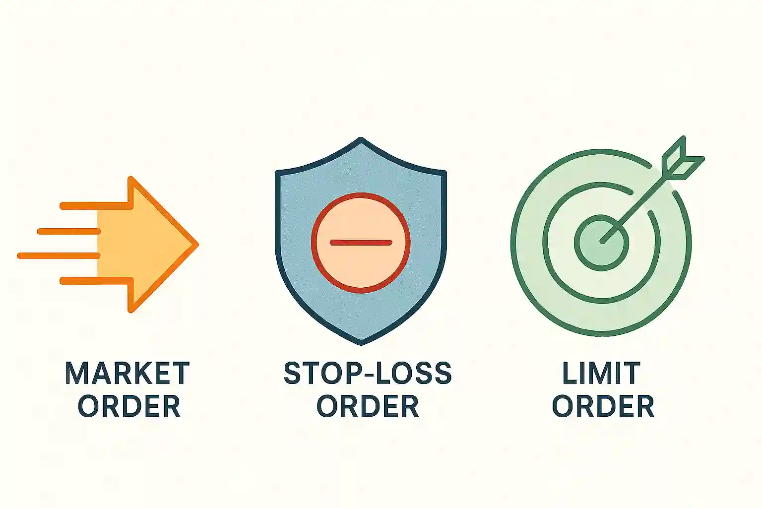 Icon set illustrating market order, limit order, and stop-loss order concepts in Indian trading.