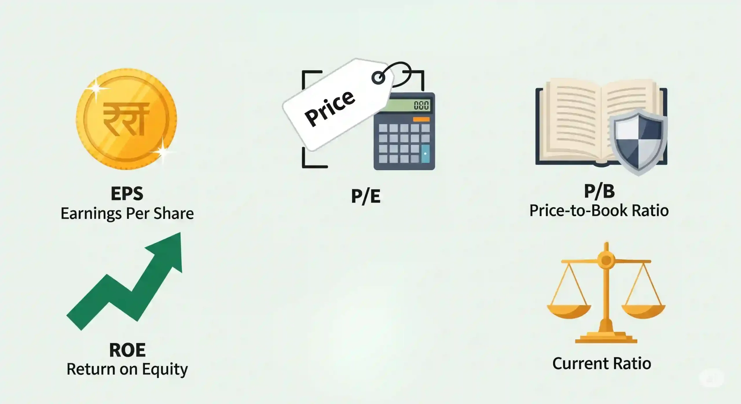 llustration of key fundamental ratios for Indian stocks using icons—EPS, P/E, P/B, ROE, current ratio