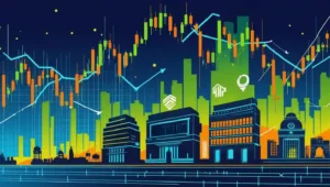 Illustration of Indian stock market indices with charts and stylized buildings for key sectors like banking, IT, and pharma.