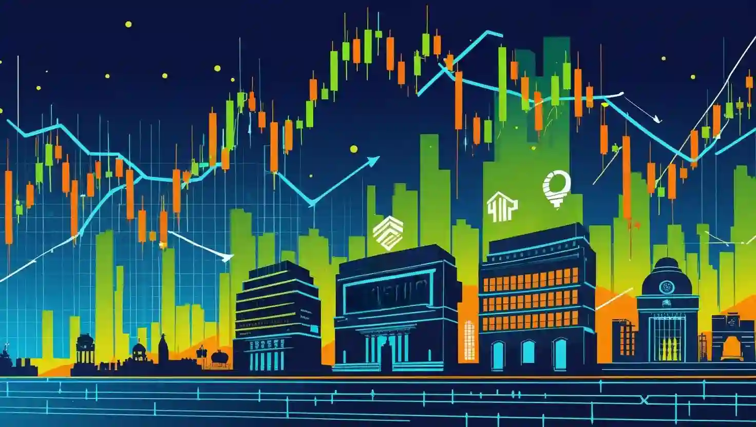 Illustration of Indian stock market indices with charts and stylized buildings for key sectors like banking, IT, and pharma.