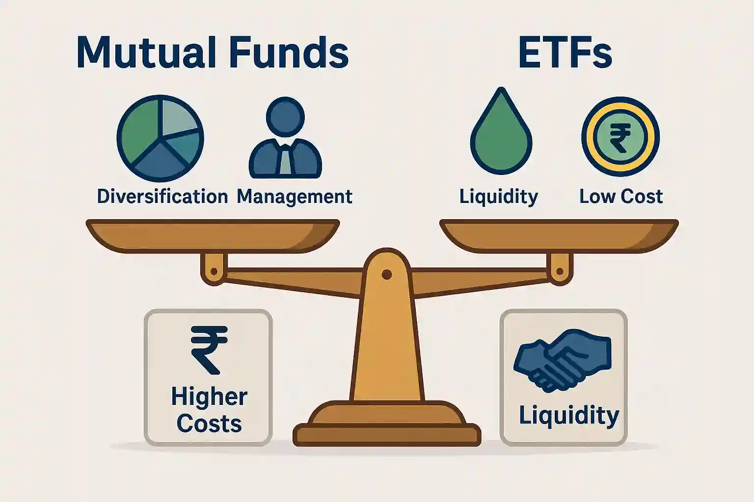 Balanced scale weighing pros and cons of mutual funds versus ETFs for Indian investors
