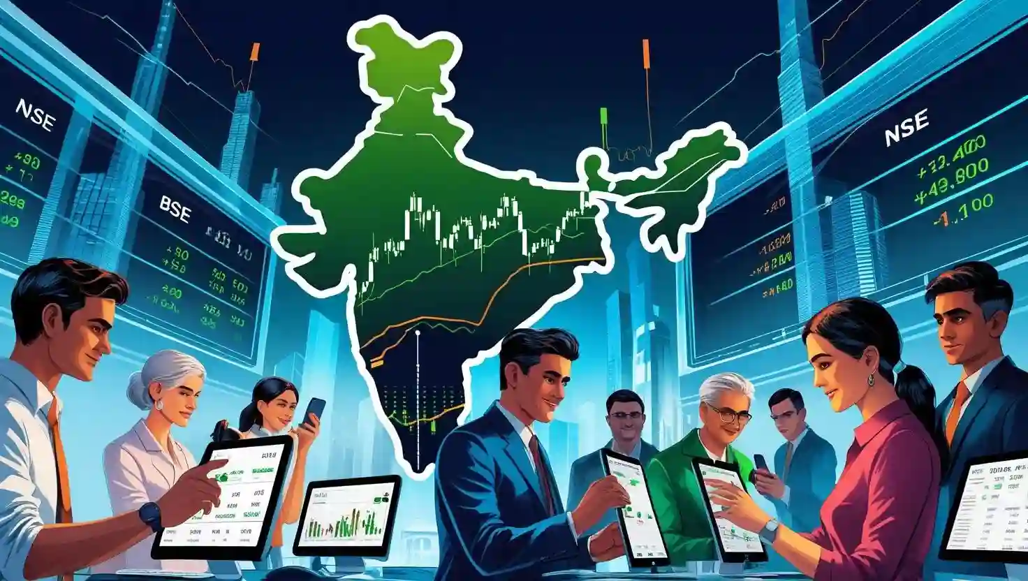 Illustration of the Indian stock market showing Indian map, stock charts, and people using trading apps across India.