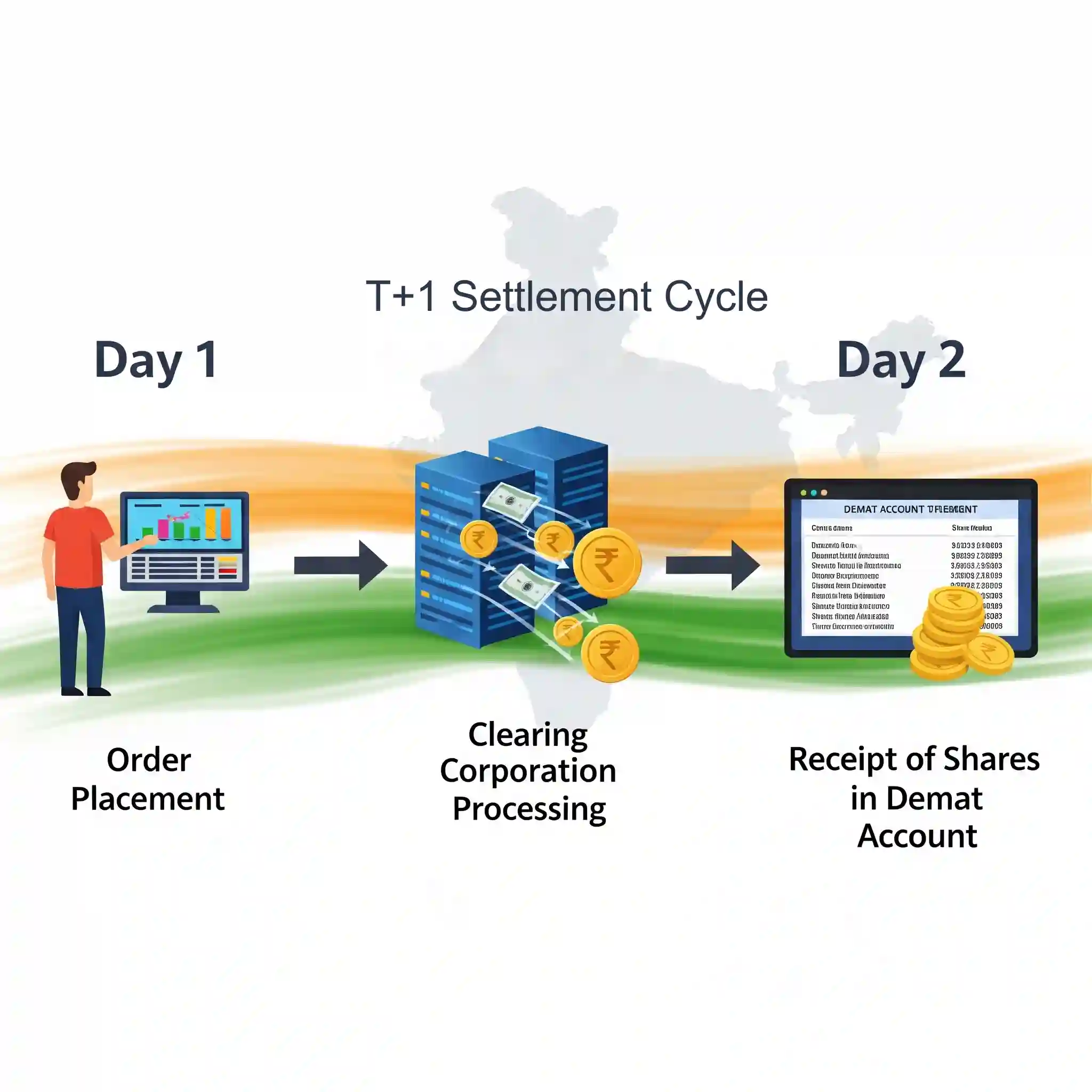 Timeline illustration of T+1 trade settlement in the Indian stock market, showing each step from order to final share credit.