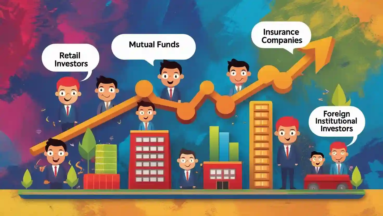 Diagram highlighting Indian retail investors, mutual funds, insurance companies, and foreign investors as key stock market participants.